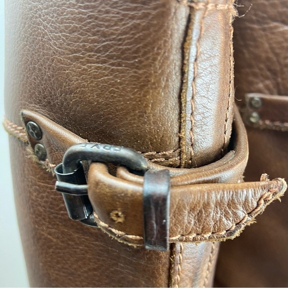 FRYE Phillip Pebbled Leather Knee High Roding Boots Brown Buckle - Picture 16 of 16